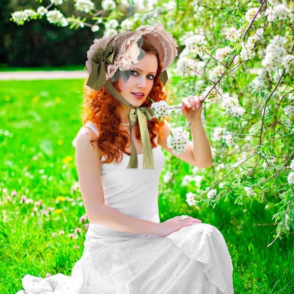 Girls Women Victorian Lolita Flat Bonnet Cap Tea Party Sun Hat Lace Bows Flower - Picture 3 of 5